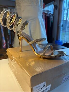 Gold Rhinestone Spiral-Strap Women's High Heel Sandal